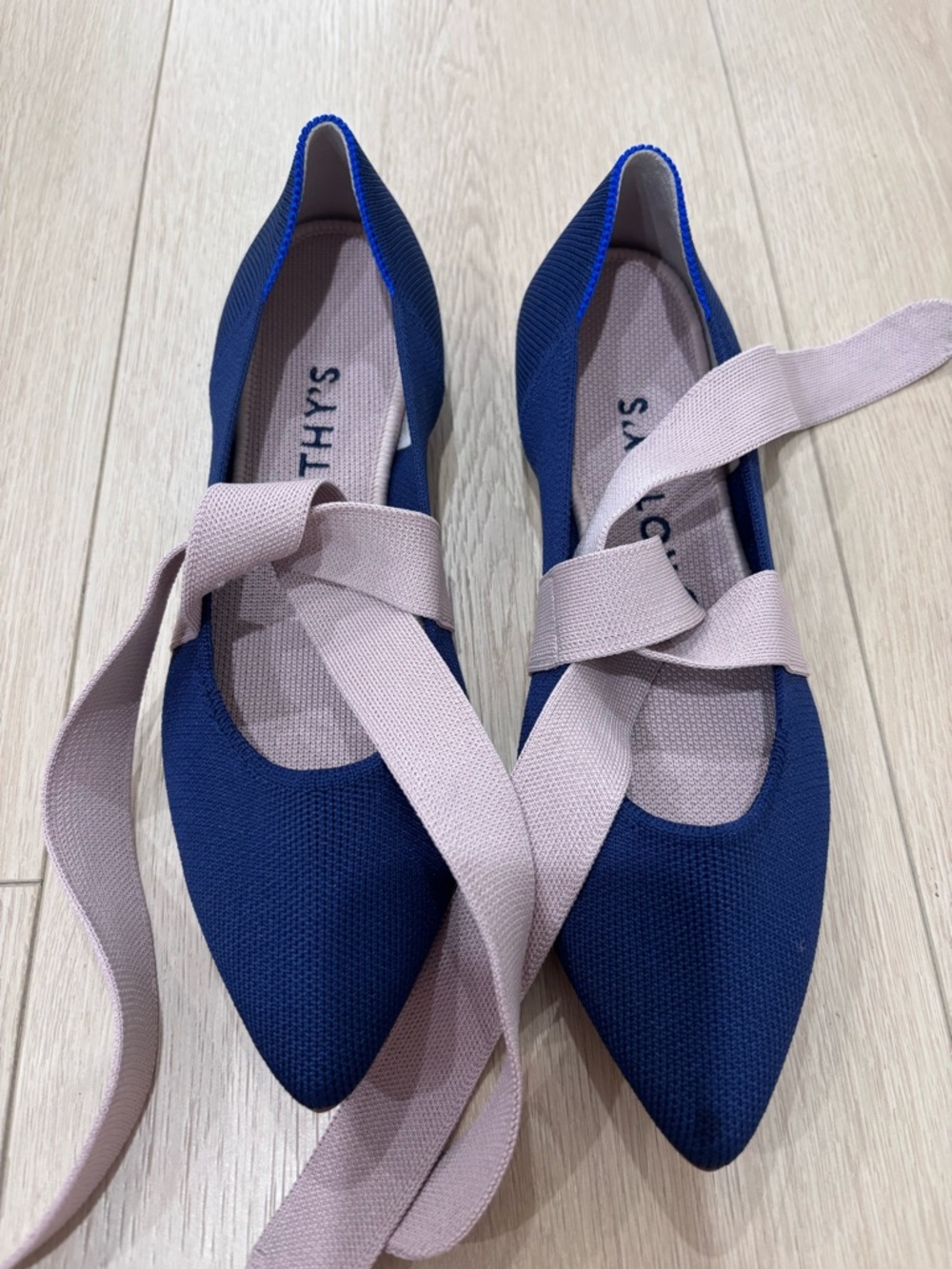 Rothy's Navy Pointed Knit Flats with Blush Tie Straps - Picture 2 of 4